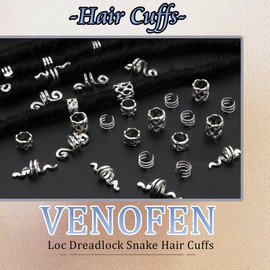 VENOFEN 30PCS Viking Hair Jewelry for Braids Silver Dreadlock Beads Metal Hair Cuffs Rings Snake Loc Jewelry Multi Style Hair Decoration Braid Accessories for Women and Men