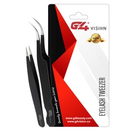 G4 Vision Lash Tweezers Straight & Curved Eyelash Extension Pack of 2 Stainless Steel Makeup Tweezer Tip Fals Tools Black