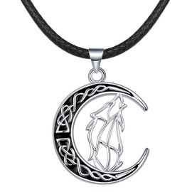 REIOT Wolf Necklace Men, Viking Moon Wolf Pendant with Faux Leather Cord Chain, Nordic Amulet Necklace Men