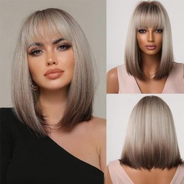 DOSYU Pelucas para Mujer Cabello Natural, Pelucas Bob Cortas para Mujer, Equipado con Gorro de Malla Elástica, Más Cómodo de Llevar, Adecuado para Fiestas Temáticas, Cosplay, Halloween y Cualquier Otra Ocasión.（Blanco degradado）
