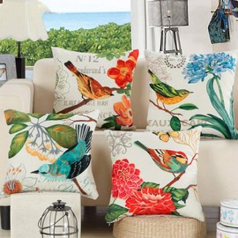 Set of 4 Cushion Covers, 17.7 x 17.7 inches (45 x 45 cm), Decorative Pillowcase, Stylish, Scenery, Nordic, Cute, Floral, Cotton Linen, Room Goods, Sofa, Car, Interior Decoration, Body Pillowcase, Bird