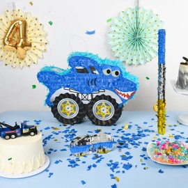 Small Shark Monster Truck Pinata (Blue, Black) with a Blindfold, a Bat and Confetti (16.5x12x3 Inches), Perfect for Birthday Parties, Monster Themed Decorations