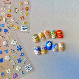 Embossed Daisy Nail Sticker Wildflower Sunflower Nail Sticker Self-Adhesive Spring Summer White Yellow Blue Flower Nail Sticker Decal Design Nail Art Decoration for Women Girls Children (2 Sheets) +