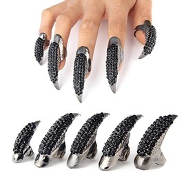 False Nail Punk Style Clear Crystal Claw Paw Talon Finger RING Knuckle Bend Fingertip Finger Claw Ring Set of 5 Pcs (Black)