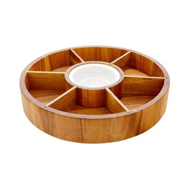 Restaurantware Chips and Dip Bowl Salsa Serving Platter Wooden Chip Dip Bowl - 12" - Acacia Wood & Porcelain Dip Bowl - Snacks Chips Hummus - 1ct Box