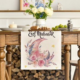 Artoid Mode Pink Moon Flowers Stars Ramadan Eid Table Runner, Seasonal Summer Holiday Kitchen Dining Table Runners for Home Party Decor 13 x 36 Inch
