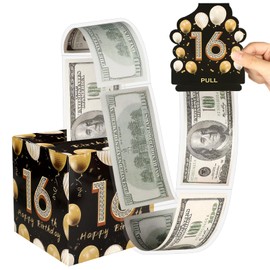 ROLYTA Birthday Money Box with 100 Cash Bags, Black Gold Surprise Birthday Gift Box for Girls Boys, Loving Way to Offer Cash Gift Pull, Birthday Party Decorations Supplies, Gold+Black,16th