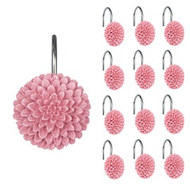 Sunlit Decorative Floral Shower Curtain Hooks, Dahlia Pinnata Flower Shower Curtain Rings, Resin, Bathroom Decoration Pink Shower Curtain Hooks-12 Pack