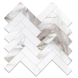 Yipscazo Herringbone Peel and Stick Backsplash for Kitchen Wall, Sample Heat Resistant Stick on Backsplash PVC Smart Tiles, 12'' Marble Calacata Waterproof Peel and Stick Tile for Bathroom