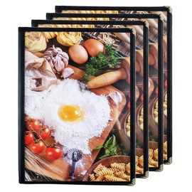 4 Pack Transparent Menu Cover, A4 Size, 3 Sheets 6 Pages, Menu Book, 6 Pages, Clear Menu, PVC Transparent Page, PU Black Edge, Metal Corner