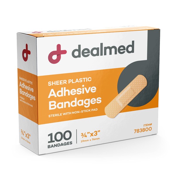 Dealmed Sheer Plastic Flexible Adhesive Bandages – 100 Count (1 Pack) Bandages with Non-Stick Pad, Latex Free, Wound Care for First Aid Kit, 3" x 3/4"