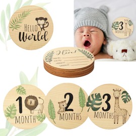 7pcs Baby Monthly Milestone Cards Sign, Wooden Newborn Welcome Sign Round New Baby Sign Double Sided Printed Baby Announcement Sign for Photo Prop Baby Shower
