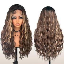 Zadabelly Honey Blonde Lace Front Curly Wig 13x4x1 Transparent Lace Highlight Ombre Water Wave Pre Plucked Pre Cut Hair,Wet and Wavy Water Wave Synthetic Closure Wigs(26inch)