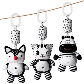 Aolso Pram Toy, 3 Pieces Hanging Rattle Toy, Black and White Toy, Baby Hanging Toy, Newborn Car Seat Toy for Boys and Girls (Fox/Kitten/Zebra)