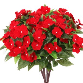 Rowfad Artificial Impatiens Flowers for Outdoor Silk Impatiens Flowers Faux Impatiens Bushes Red Impatiens for Pot Patio Lawn Garden Hanging Basket Porch Decor (4, Red)