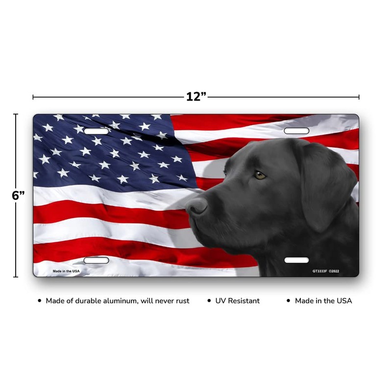 Black Labrador on American Flag License Plate