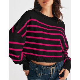 MEROKEETY Womens Striped Cute Trendy Going Out Side Split Pullover Sweater for Teen Girls, BlackRose, Large