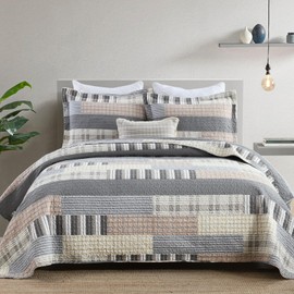 CozyQQ Farmhouse King Quilt Set - 100% Cotton Patchwork Striped Plaid King Size Quilt Bedspread, Grey Brown Beige Lightweight Reversible Coverlet Bedding Set with 2 Pillow Shams, All Season-98x90