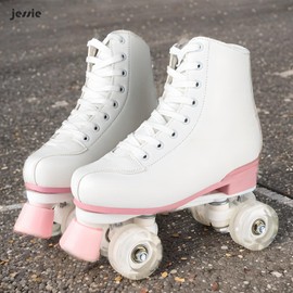 jessie Women Roller Skates with Light Up Wheels Stylish White Quad Skating Ideal for Men, Adult, Youth and Beginners Outdoor(Clear Flash Wheel,40-25cm/9.84in)