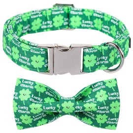 Lionet Paws St Patricks Day Dog Collar with Bowtie,Lucky Lucky Green Shamrock Bow Tie,Irish Clover Dog Bowtie Collar with Metal Buckle for Dogs, M, Neck 13.5-22 in