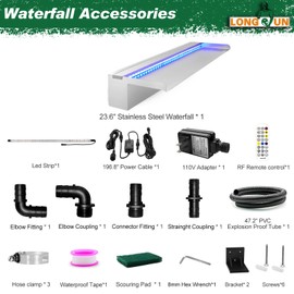 LONGRUN Stainless Steel Waterfall Spillway, APP Control Multi-Color LED Light Outdoor Pool Fountain, Water Spillway Koi Pond Waterfalls Fountains Kit for Garden Patio Swimming Pool Decoration-23.6"