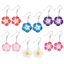6 Pairs Flower Earrings for Women, Summer Flower Dangle Earrings, Boho Chic Floral Earring for Girls, Women, Bride, Beach Party, Hawaiian Holiday, Wedding Accessories, Pink, White