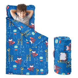 FAINSY Toddler Nap Mat with Pillow and Blanket, 100% Cotton Fabric, 56x20 inch Extra Long, Padded Sleeping mat, for Daycare Preschool Pre-k, Kids Boys Girls Extra Long (Dancing Fox Sloth)