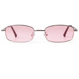 Laurinny Retro Narrow Rectangle Sunglasses for Women Men Vintage 90s Small Metal Frame Square Glasses(Silver/Pink)