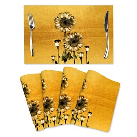 Sunflower Placemats Set of 4, Heat Resistant Washable Linen Table Mats for Dining Table, Gold Place Mats for Kitchen Home Farmhouse Decor 12x18 Inch