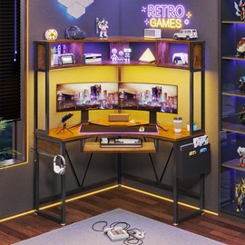 SEDETA CORNER DESK WITH KEYBOARD TRAY, STORAGE POCKET AND HEADPHONE HOOK Triangle Corner Computer Desk Office Desk Furniture Gaming Shelf Modern - Color: Rustic Brown