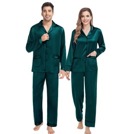 SWOMOG Womens Matching pyjamas Sets Silk Pjs Set with 2 Pockets Long Sleeve Button Down Sleepwear Loungewear Deep Green XX-Large