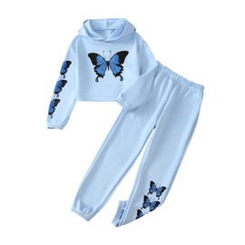 YOURUIKEY Girls' Clothing Set Crop Tops Hoodies Butterfly Print Sweatshirt Blue Sweatpants Fall Winter 2 Piece Outfits Kid Clothes 7-8