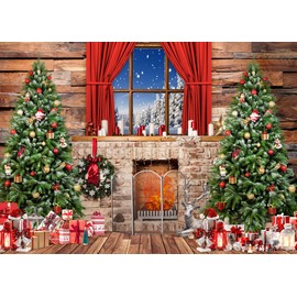 AIIKES 10X8FT Christmas Backdrop Christmas Fireplace Backdrops for Photography Xmas Wood House Windows Christmas Tree Gifts Photo Backdrop Family Holiday Party Decoration Studio Props 12-491
