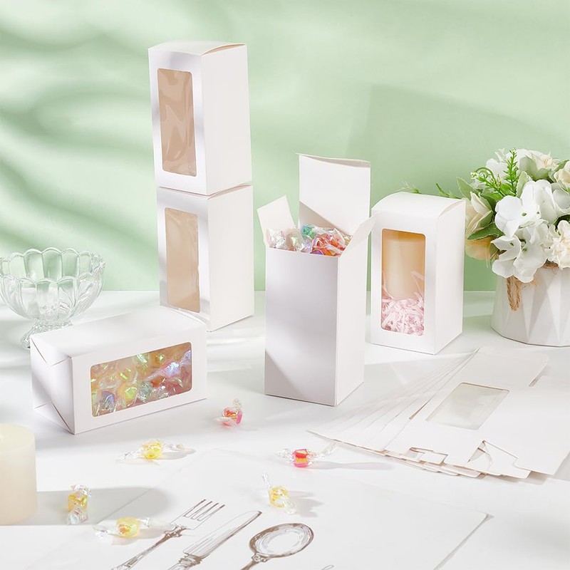 BENECREAT 20 Packs 6x6x12cm Clear Window Gift Boxes, White Bakery