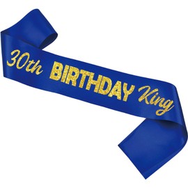 Ashaqshnglee 30th Birthday King Sash Blue with Gold Glitter Letter Birthday King Sashes for Men Boy Gifts Decorations Party Supplies