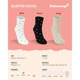 CUTIE MANGO 3 Pairs Women’s Embo Heart Flower Pattern Quarter Daily Casual Fashion Socks Cute Novelty Lovely Design Size 6,7,8,9,10 - Assorted Color