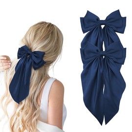 Hair Bows for Women, 2Pcs Navy Blue Bow Hair Clips for Girls, Silky Satin Hair Bows Clips Long Tail, Large Hair Barrettes Cute Aesthetic Hair Accessories