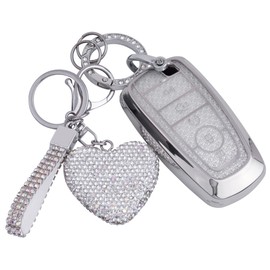 Meruns for Ford key fob cover with Diamond Bling Keychain, Car Accessories Shell for Explorer Fusion Escape Edge Expedition Bronco F150 F250 F350 F450 F550 Maverick Mustan,Silver Clear
