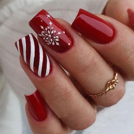 NEWSPIED Christmas Red Press on Nails Short Square Christmas Fake Nails with Snowflake Design Winter Xmas Glue on Nails Full Cover Artificial Stick on Nails for Women DIY Holiday Acrylic Nails 24Pcs