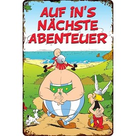 LUCKYLINDE - Retro metal sign, Asterix and Obelix, French cult comic series, decorative sign, 20 x 30 cm (Auf ins nächsten Abenteuer)