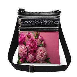 XiaoGalaee Pink Peony Bloom Print Women CrossBody Bag Pink Floral Adjustable Shoulder Strap Messenger Bag Christmas Valentine's Day Gift with Women Girlfriend Wife Best Birthday Holiday Present​​