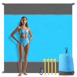 Portable Beach Mat - Waterproof, Heat-Resistant and Windproof Picnic Blanket with 4 Stakes, Extra Large Sandproof Beach Blanket, Lightweight Outdoor Camping Mat for Picnic, Hiking and Travel - (Blue)
