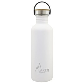 Laken Basic Stainless Steel Bottle, Water Bottle, Wide Opening with Stainless Steel Screw Cap with Bambo, BPA-Free, 1 Litre, White
