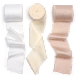 CT CRAFT LLC Frayed Satin Silk Ribbon 2" x 8 Yards x 3 Rolls White Ivory Beige for Christmas Home Decor Gift Wrapping DIY Crafts Wedding Invitation Bouquets