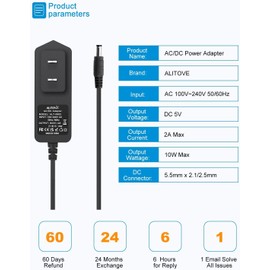ALITOVE 5V 2A Power Supply Adapter Charger 5 Volt 10W AC 100-240V 50-60Hz Replacement Power Cord 2000mA 1500mA 1A with 8 Tips for Security Camera Baby Monitor Digital Photo Frame TV Box LED Light