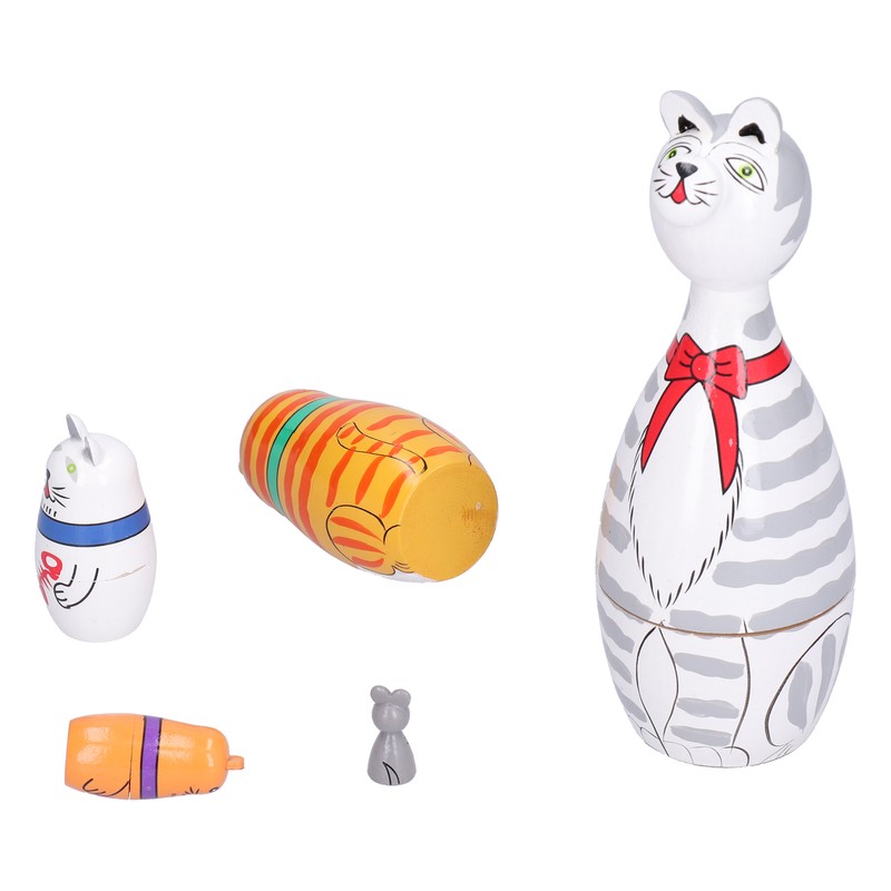5Pcs Nesting Dolls Kit Innovative Cartoon LongNecked Cat Ornament Wooden