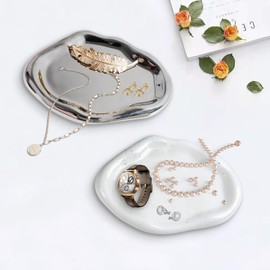 MOAMUN 2PC Ceramic Jewelry Tray Jewelry Display Tray Decorative Cloud Vanity Ring Holder Dish, key holder Dish for Women, Cute Trinket Dish Plate Aesthetic Room Decor(White/Silver)