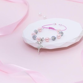 Dancing Shiny Ballerina Bracelet Pink Pearl and Rhinestone Dance Bracelets for Dance Lover Team Dance Recital Gifts for Women Ballerina Gifts (Dance Bracelet-Pink B)