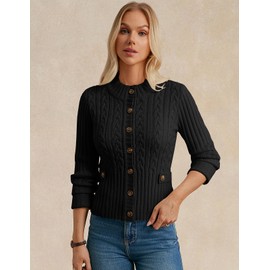 Cropped Cardigan for Women Fall Outfits 2025, Black Cable Knit Cardigan Sweaters, Chunky Sweater Jacket M