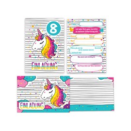 JuNa-Experten 12 Invitation Cards for 8th Children's Birthday Girls Unicorn Invitation Eighth Birthday Including 12 Envelopes, 12 Party Bags / Natural, 12 Stickers